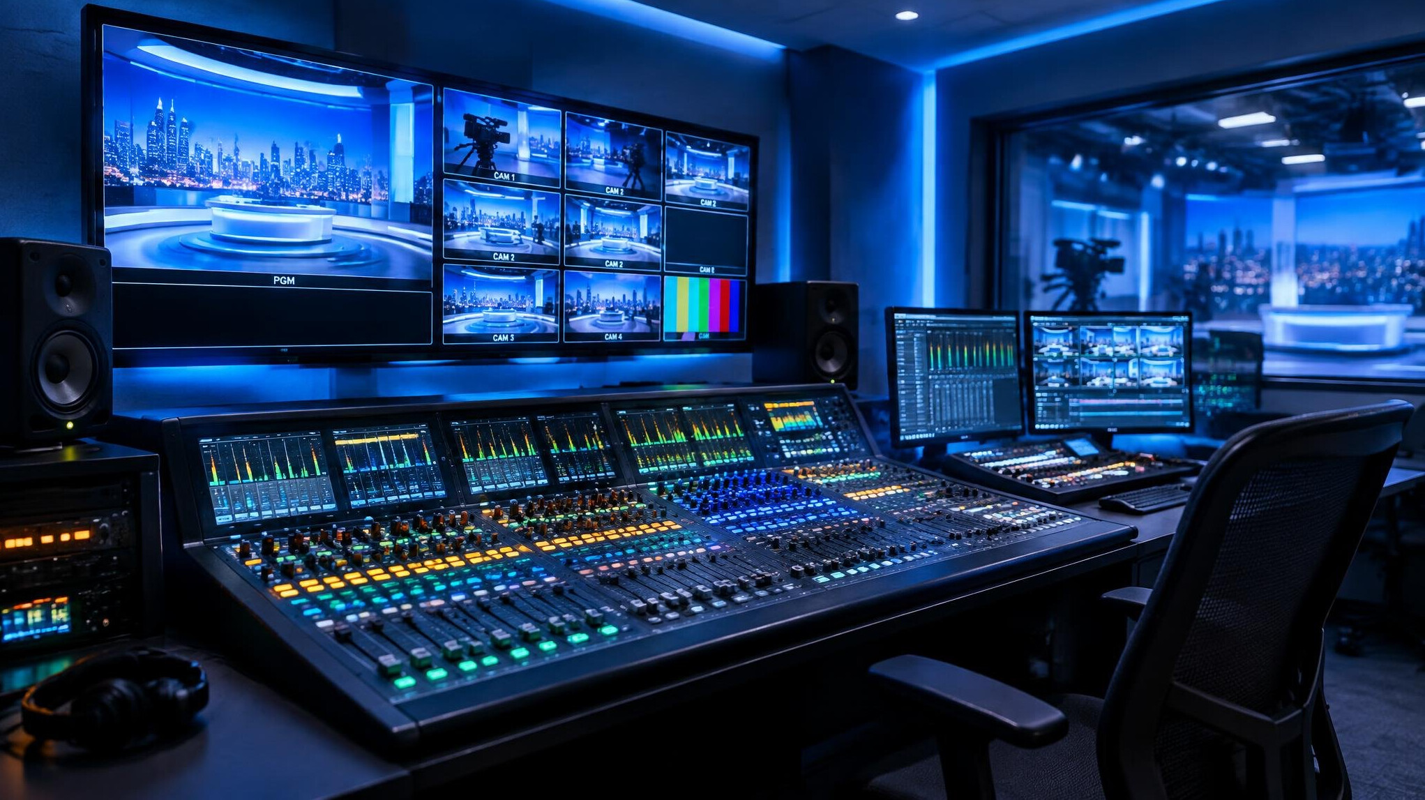 Television studio control desk with mixing console and monitors