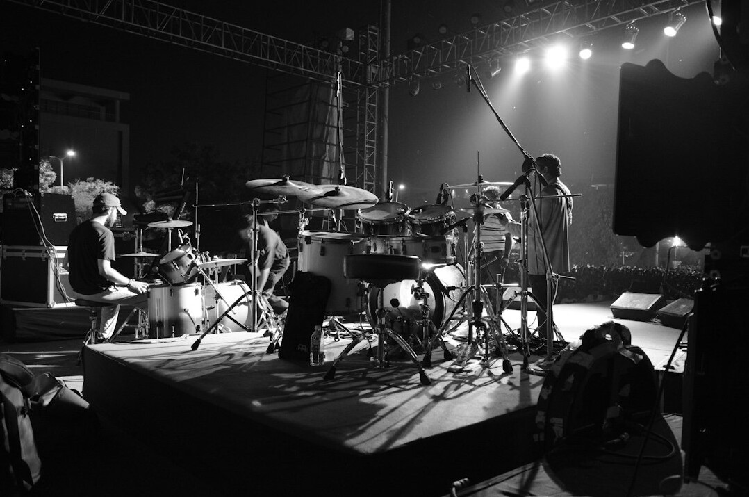 Live show stage with spotlights and rigging